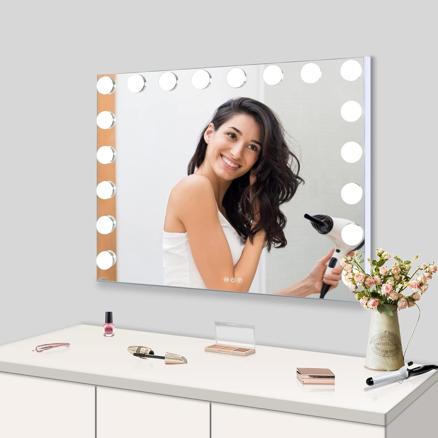 COOLJEEN 31.5x23.6-inch Large Hollywood Beauty Makeup Mirror with 18 LED Bulbs 3 Colors Lighting Mode Cosmetic Vanity USB Charging Port 10X Magnifier for Women Girl (White,No Bluetooth)
