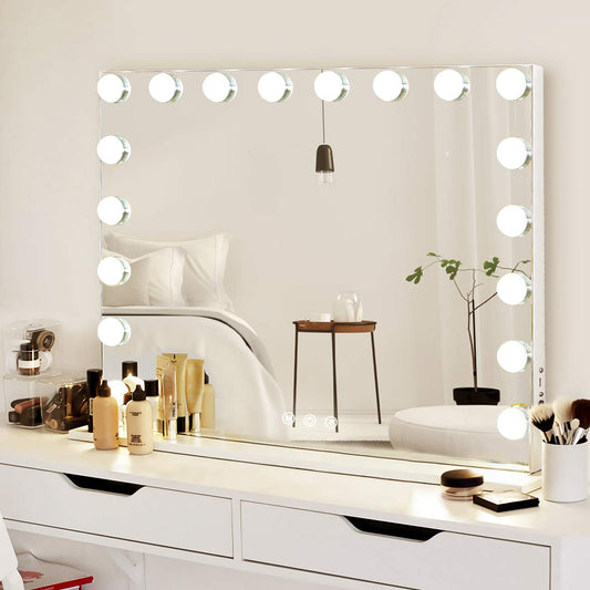 COOLJEEN 31.5x23.6-inch Large Hollywood Beauty Makeup Mirror with 18 LED Bulbs 3 Colors Lighting Mode Cosmetic Vanity USB Charging Port 10X Magnifier for Women Girl (White,No Bluetooth)