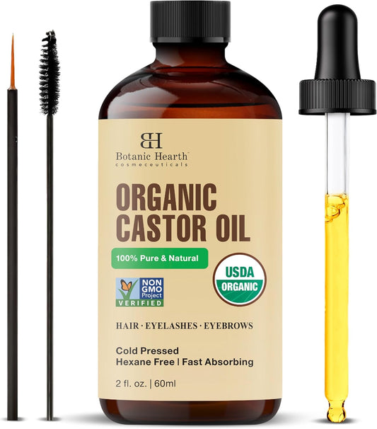 Botanic Hearth Castor Oil | USDA Certified Organic |100% Pure & Hexane Free | Cold Pressed |for Eyelashes, Eyebrows, Hair | With Eyebrow & Eyelash Brush | 2fl oz