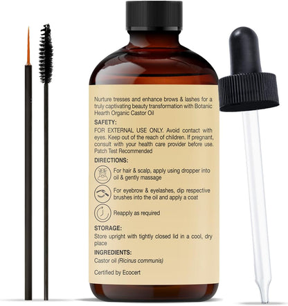 Botanic Hearth Castor Oil | USDA Certified Organic |100% Pure & Hexane Free | Cold Pressed |for Eyelashes, Eyebrows, Hair | With Eyebrow & Eyelash Brush | 2fl oz