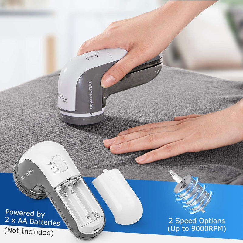 BEAUTURAL Lint Remover Fabric Shaver and Sweater Defuzzer with 2-Speeds, 2 Replaceable Stainless Steel Blades, Battery Operated