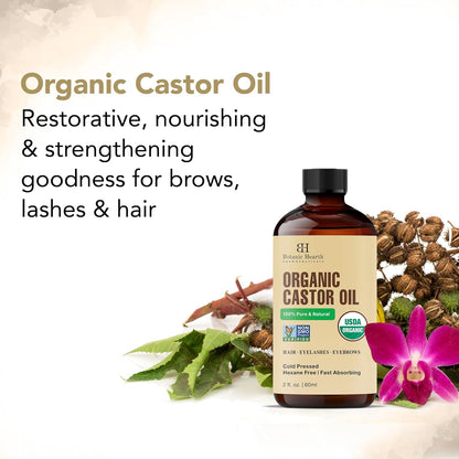 Botanic Hearth Castor Oil | USDA Certified Organic |100% Pure & Hexane Free | Cold Pressed |for Eyelashes, Eyebrows, Hair | With Eyebrow & Eyelash Brush | 2fl oz