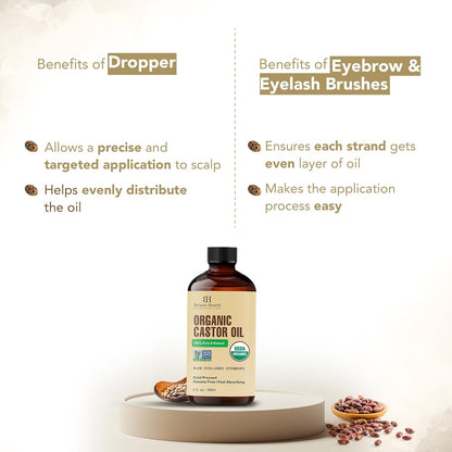 Botanic Hearth Castor Oil | USDA Certified Organic |100% Pure & Hexane Free | Cold Pressed |for Eyelashes, Eyebrows, Hair | With Eyebrow & Eyelash Brush | 2fl oz