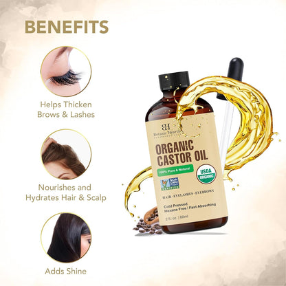 Botanic Hearth Castor Oil | USDA Certified Organic |100% Pure & Hexane Free | Cold Pressed |for Eyelashes, Eyebrows, Hair | With Eyebrow & Eyelash Brush | 2fl oz