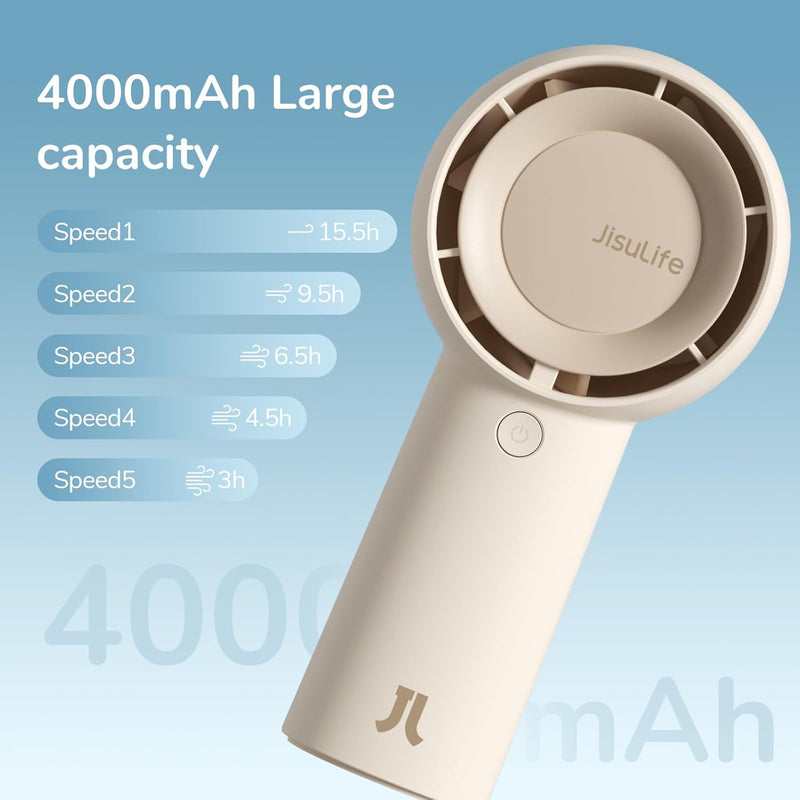 JISULIFE Handheld Turbo Fan [16H Max Cooling Time] Mini Portable Hand, 4000mAh USB Rechargeable Personal, Battery Operated Small Pocket Fan with 5 Speeds for Travel/Outdoor/Home/Office - Brown