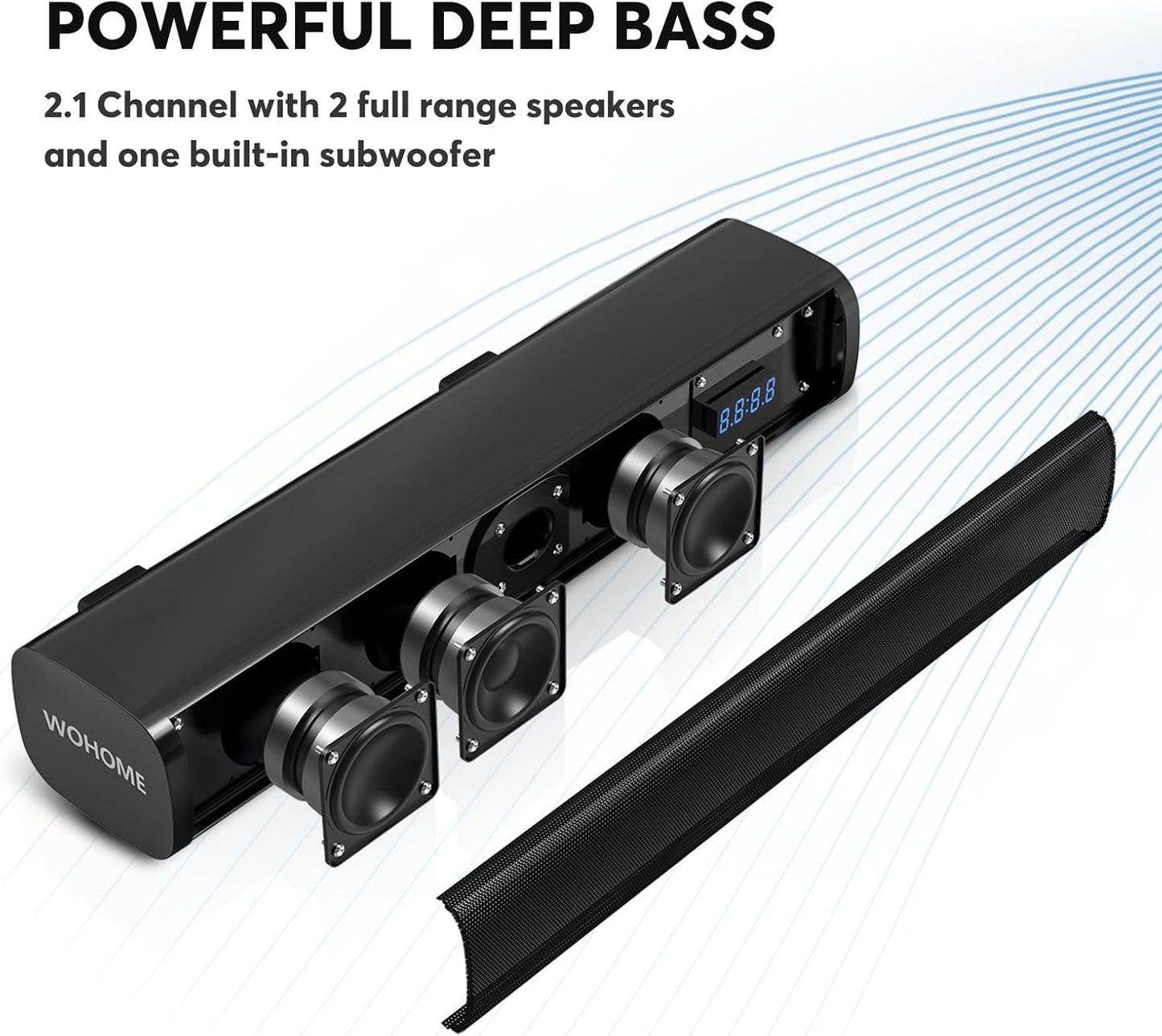 Wohome 2.1ch Small Sound Bars for TV with 6 Levels Voice Enhancement, Built-in Subwoofer, 16 Inches Bluetooth Soundbar Speakers with Optical/AUX/USB Connection, S100 (Black)