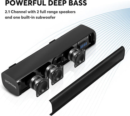 Wohome 2.1ch Small Sound Bars for TV with 6 Levels Voice Enhancement, Built-in Subwoofer, 16 Inches Bluetooth Soundbar Speakers with Optical/AUX/USB Connection, S100 (Black)