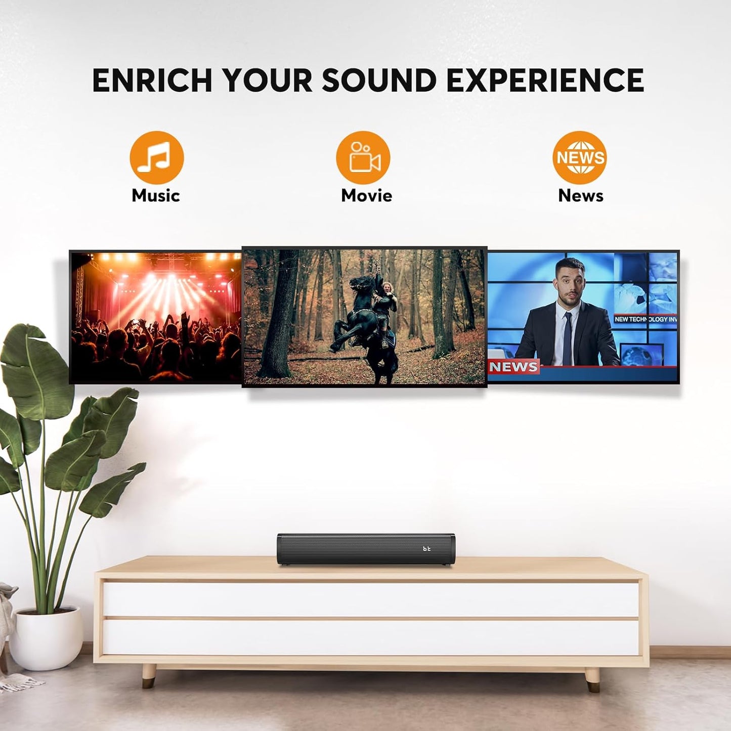 Wohome 2.1ch Small Sound Bars for TV with 6 Levels Voice Enhancement, Built-in Subwoofer, 16 Inches Bluetooth Soundbar Speakers with Optical/AUX/USB Connection, S100 (Black)