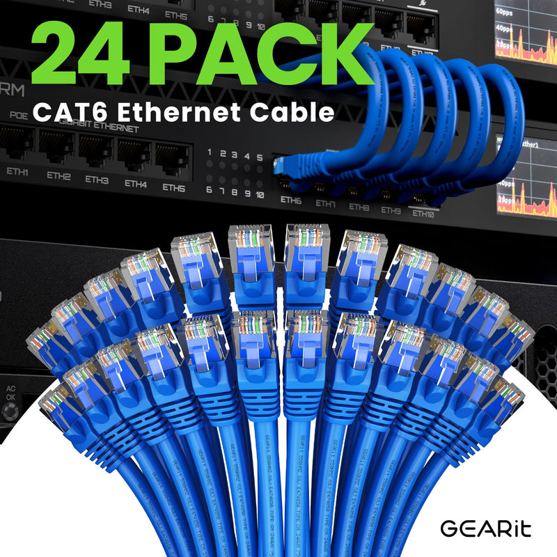 GearIT Cat 6 Ethernet Cable (24-Pack 3 Feet) Cat6 Network Patch, 10Gbps, RJ45, Snagless Cord, Gold-Plated Connectors, Internet for PC, TV, Tablet, Router, Printer, Servers, IT Data Center - Blue