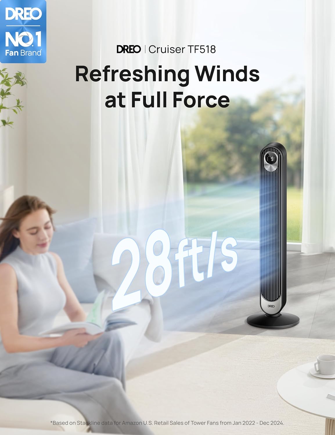 Dreo 28dB Tower Fan for Home, 42 Inch Portable Oscillating Bladeless Fan with Remote, 6 Speeds, 4 Modes, LED Display, 12H Timer, Powerful Cooling Floor Fan, Standing Fans for Bedroom,Quiet