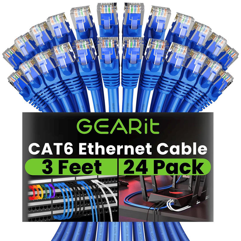 GearIT Cat 6 Ethernet Cable (24-Pack 3 Feet) Cat6 Network Patch, 10Gbps, RJ45, Snagless Cord, Gold-Plated Connectors, Internet for PC, TV, Tablet, Router, Printer, Servers, IT Data Center - Blue