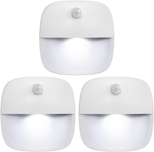 (upgraded) motion sensor light, cordless battery powered LED night light, wall light, closet light, security light for stairs, hallways, bathrooms, kitchens, cabinets (white - 3 pack)