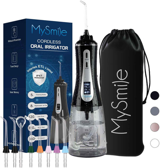 MySmile Powerful Cordless 350ML Water Dental Flosser Portable OLED Display Oral Irrigator with 5 Pressure Modes 8 Replaceable Jet Tips and Storage Bag for Home Travel Use (Black)