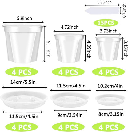 Reinforced Clear Nursery Pots for Plants,Assorted Sizes,12Pack 4/5/6 inch Transparent Plastic Plant Pots with Drainage Holes, Garden Pots for Plants Flowers with 12Pack Trays and 15pcs Plant Labels