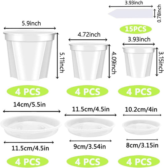 Reinforced Clear Nursery Pots for Plants,Assorted Sizes,12Pack 4/5/6 inch Transparent Plastic Plant Pots with Drainage Holes, Garden Pots for Plants Flowers with 12Pack Trays and 15pcs Plant Labels - PuriLite