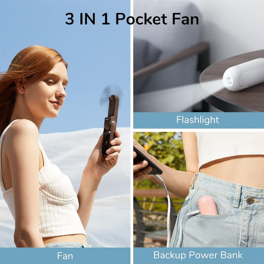 JISULIFE Handheld Mini Fan, 3 IN 1 USB Rechargeable Portable Fan [12-19 Working Hours] with Power Bank, Flashlight, Pocket Design for Travel/Summer/Concerts/Lash, Gifts for Women (Pink) - PuriLite