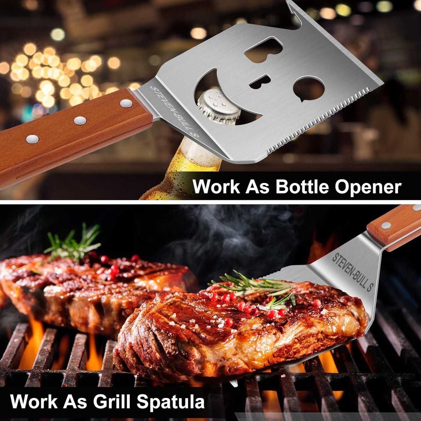 7-in-1 Stainless Steel Grill Spatula with Fork, 17 Inch BBQ Tool for Charcoal and Gas Grills, Heavy-Duty Barbecue Accessory Gift - PuriLite