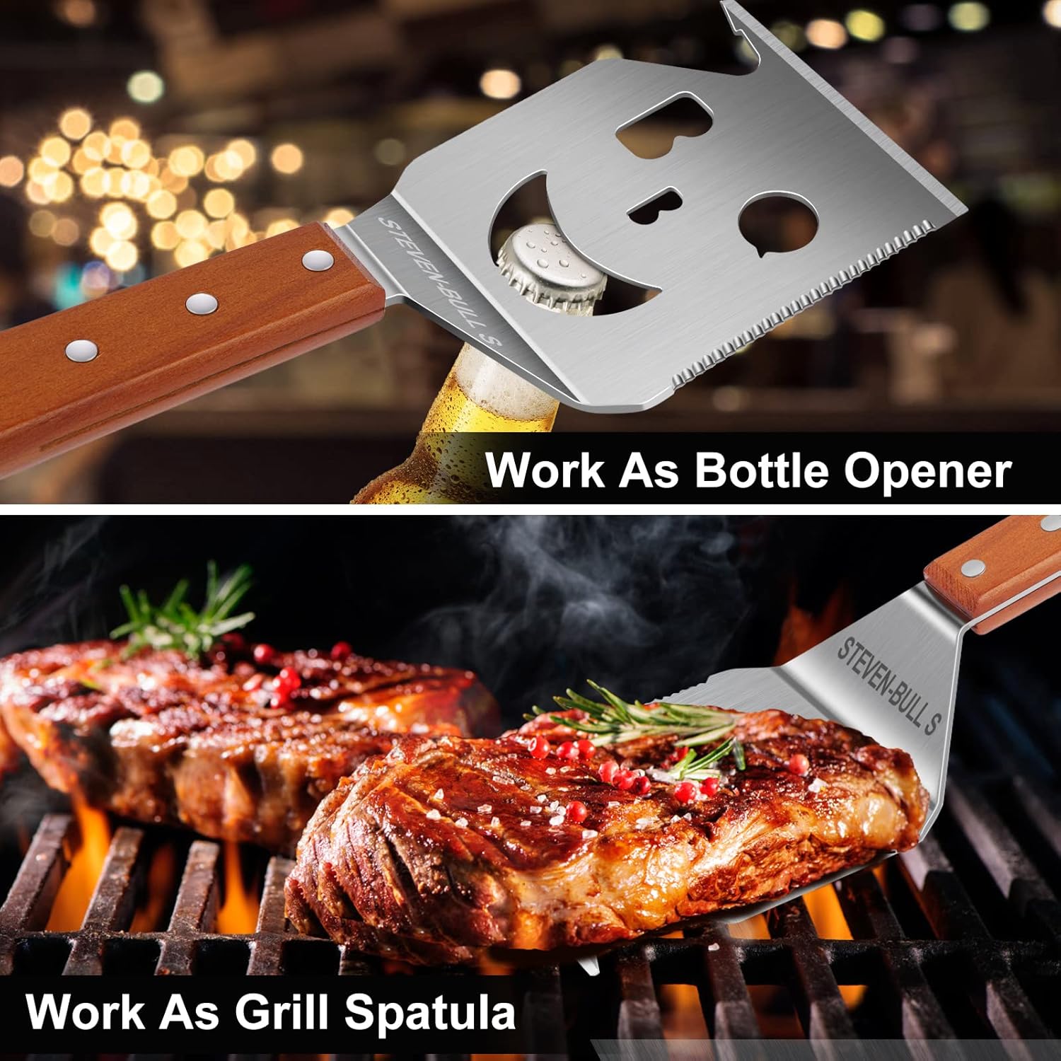 7-in-1 Stainless Steel Grill Spatula with Fork, 17 Inch BBQ Tool for Charcoal and Gas Grills, Heavy-Duty Barbecue Accessory Gift - PuriLite