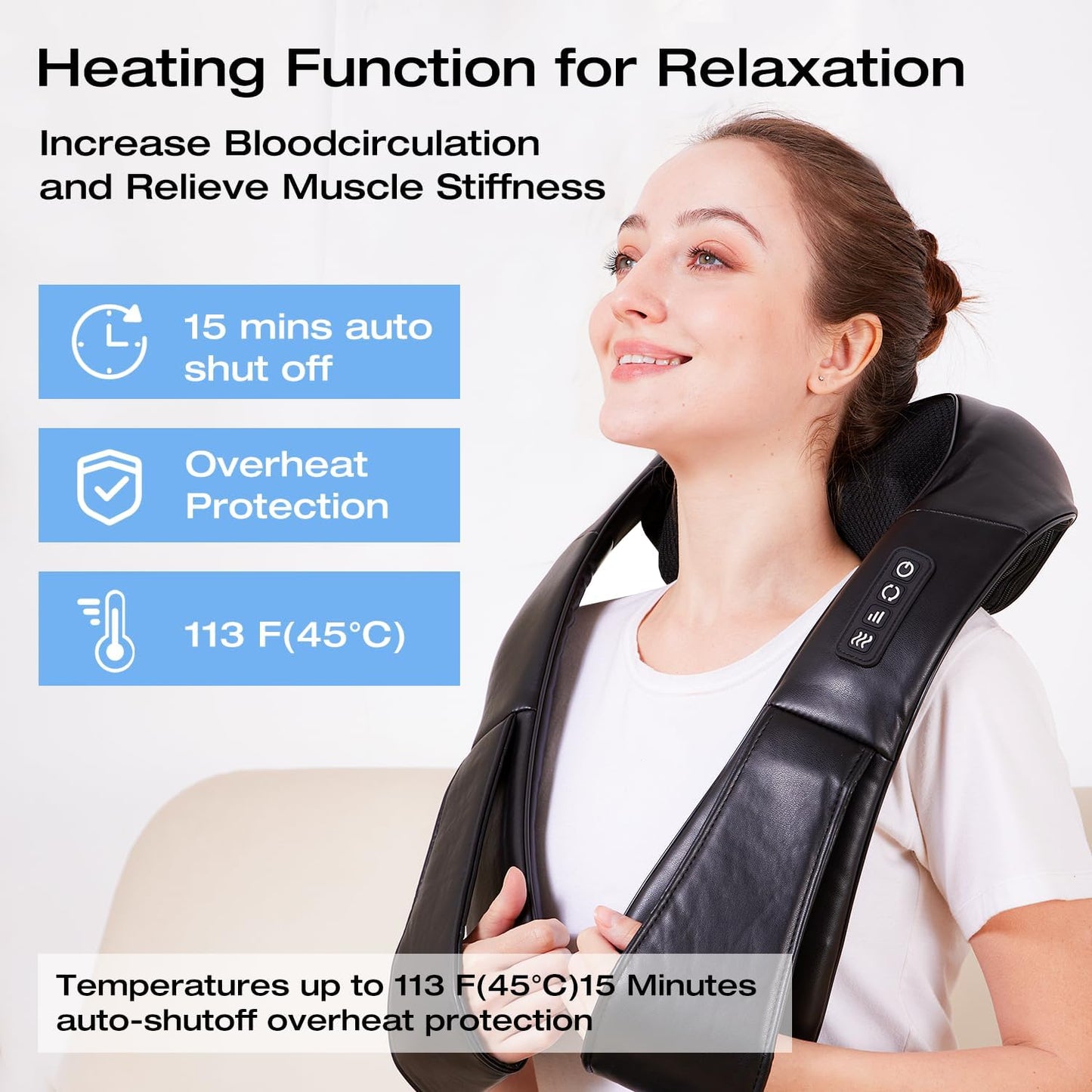 Shiatsu Neck & Shoulder Massager with Heat – Deep Tissue Kneading Electric Back Massager – Wrap-Around Neck Massage Pillow with Auto Shut-Off (Corded) - PuriLite