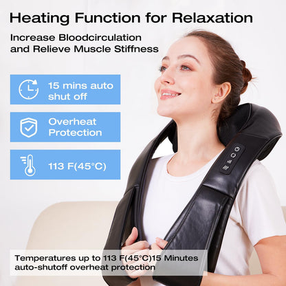 Shiatsu Neck & Shoulder Massager with Heat – Deep Tissue Kneading Electric Back Massager – Wrap-Around Neck Massage Pillow with Auto Shut-Off (Corded) - PuriLite