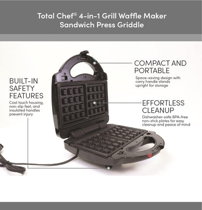 Total Chef Waffle Maker - Mini Belgium Gaufrier, Sandwich, Grill, Panini Press Machine, Electric, Non-Stick Removable Plates, Easy To Clean Countertop Cooking Kitchen Appliance For Breakfast, 4 in1