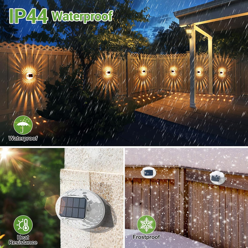 Outdoor Solar Lights 4 Pack, 360°Glow Decorative Solar Fence Lights, Auto On/Off Solar Patio Lights Waterproof, Outdoor Wall Lights for Yard Garden Patio Railing Pool, Warm White