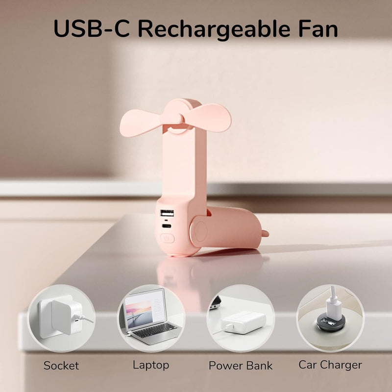 JISULIFE Handheld Mini Fan, 3 IN 1 USB Rechargeable Portable Fan [12-19 Working Hours] with Power Bank, Flashlight, Pocket Design for Travel/Summer/Concerts/Lash, Gifts for Women (Pink)