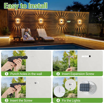 Outdoor Solar Lights 4 Pack, 360°Glow Decorative Solar Fence Lights, Auto On/Off Solar Patio Lights Waterproof, Outdoor Wall Lights for Yard Garden Patio Railing Pool, Warm White
