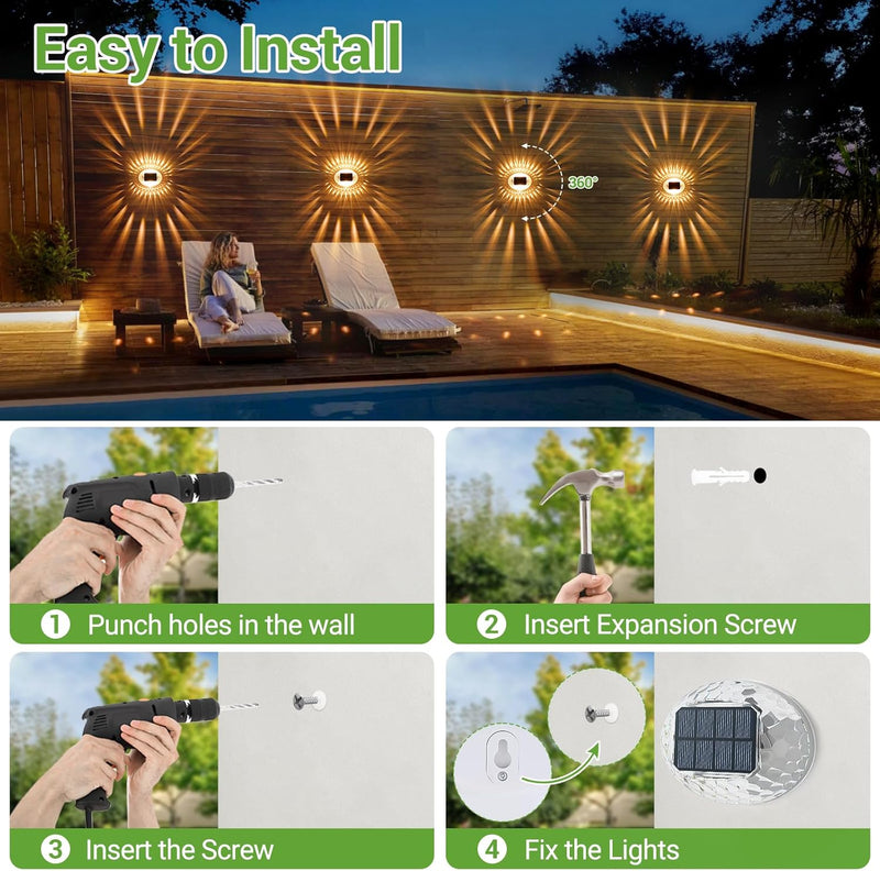 Outdoor Solar Lights 4 Pack, 360°Glow Decorative Solar Fence Lights, Auto On/Off Solar Patio Lights Waterproof, Outdoor Wall Lights for Yard Garden Patio Railing Pool, Warm White