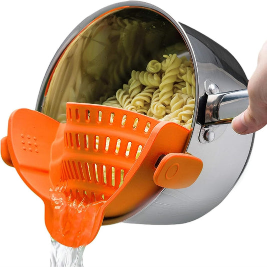 Original Kitchen Gizmo Strainer for Pots, Pans, and Bowls - Adjustable Silicone Clip on Colander - Snap N Strain Kitchen Gadget for Fruits, Veggies, Salads, Pasta, and More - Dishwasher Safe - Orange