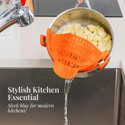 Original Kitchen Gizmo Strainer for Pots, Pans, and Bowls - Adjustable Silicone Clip on Colander - Snap N Strain Kitchen Gadget for Fruits, Veggies, Salads, Pasta, and More - Dishwasher Safe - Orange