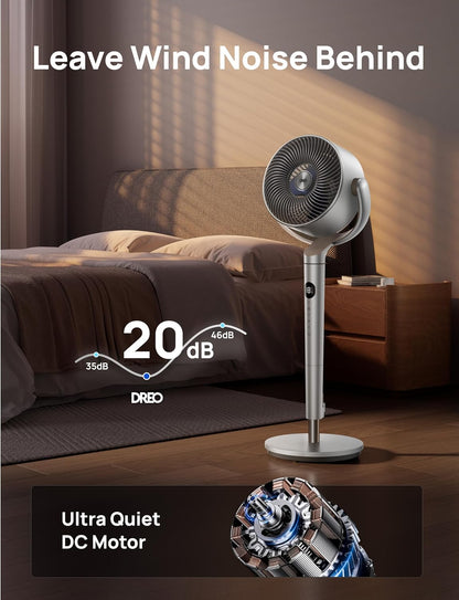 Dreo Smart Fans for Bedroom, 120° +120° Omni-Directional Oscillating Fan, 90ft Quiet Pedestal Fan with RGB Light, 9 Speeds, 6 Modes, 20dB, 8H Timer, Wi-Fi/Voice, 37-42" Floor Fans with Remote, Silver