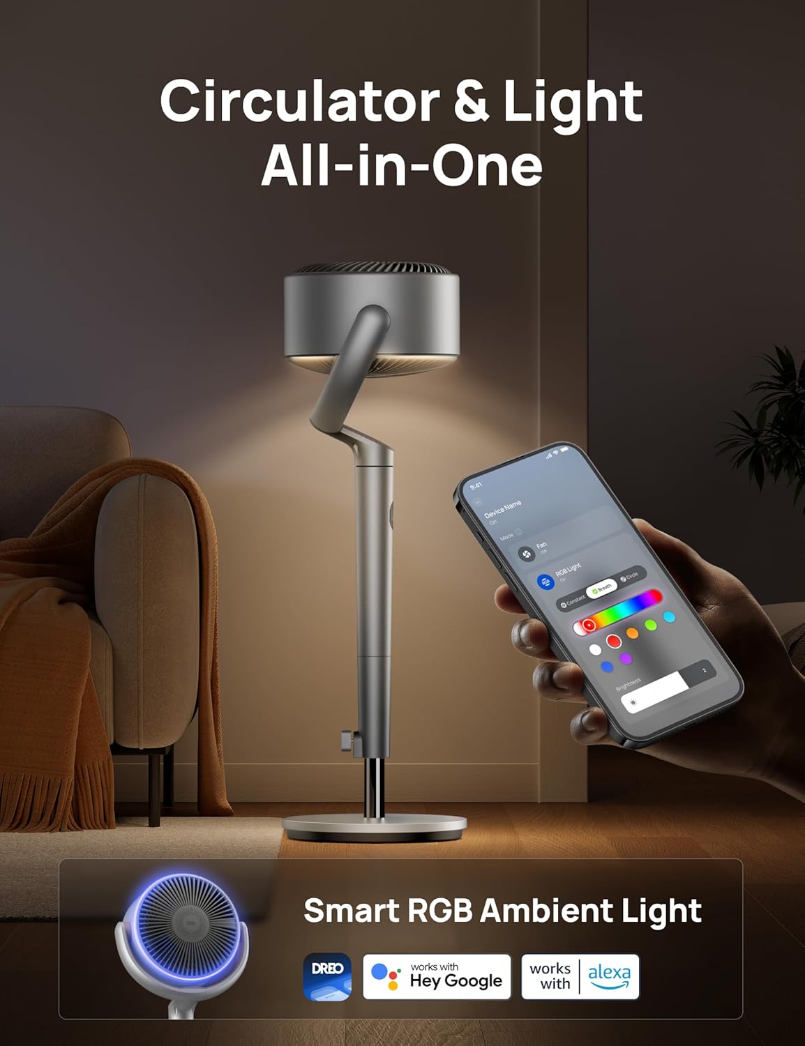 Dreo Smart Fans for Bedroom, 120° +120° Omni-Directional Oscillating Fan, 90ft Quiet Pedestal Fan with RGB Light, 9 Speeds, 6 Modes, 20dB, 8H Timer, Wi-Fi/Voice, 37-42" Floor Fans with Remote, Silver