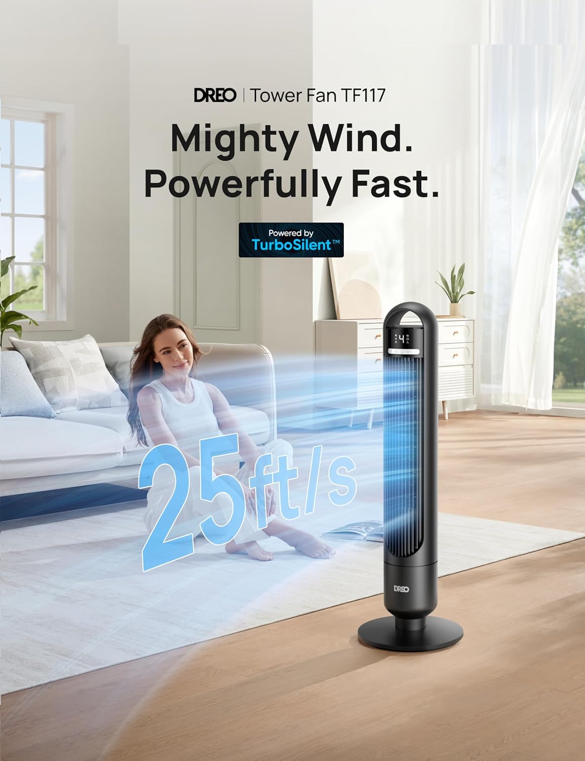 Dreo Tower Fan for Bedroom, 90° Oscillating Standing Fans for Room with 4 Speeds, 3 Modes, 28dB Quiet for Sleep, 25ft/s Velocity, 8H Timer, Remote, Living Room, Office, Home, Black, TF117