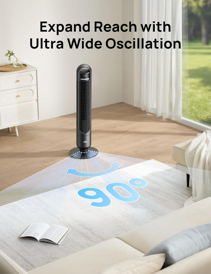 Dreo Tower Fan for Bedroom, 90° Oscillating Standing Fans for Room with 4 Speeds, 3 Modes, 28dB Quiet for Sleep, 25ft/s Velocity, 8H Timer, Remote, Living Room, Office, Home, Black, TF117