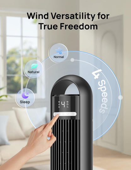 Dreo Tower Fan for Bedroom, 90° Oscillating Standing Fans for Room with 4 Speeds, 3 Modes, 28dB Quiet for Sleep, 25ft/s Velocity, 8H Timer, Remote, Living Room, Office, Home, Black, TF117