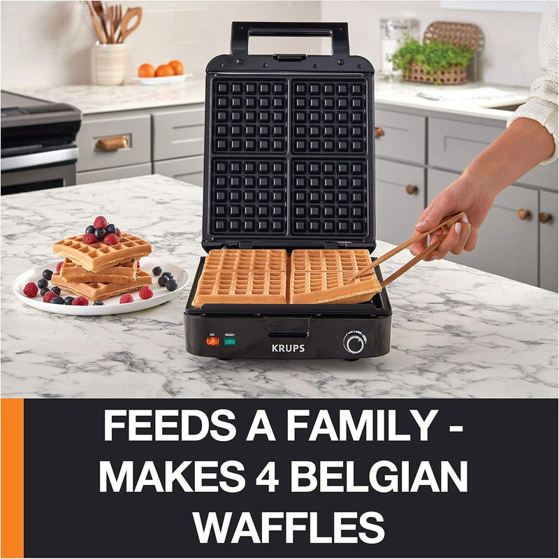 Krups Breakfast Set Stainless Steel Waffle Maker 4 Slices Audible "Ready" Beep, 1200 Watts Square, 5 Browning Levels, Removable Plates, Dishwasher Safe, Belgian Waffle Silver and Black