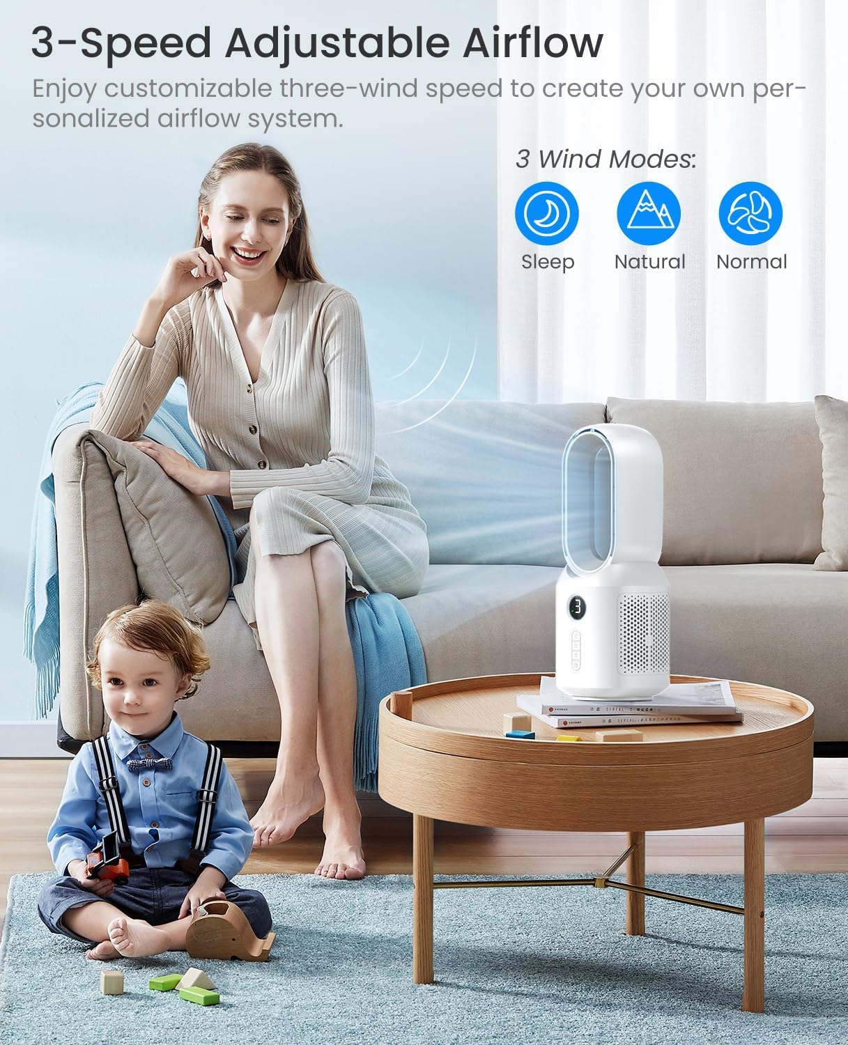 let'me Table Fan, 13 Inch Bladeless Desk Fan, 106° Oscillating Fan with 3 Speeds and Night Light, Quiet Desk Fan for bedroom, Office, Personal