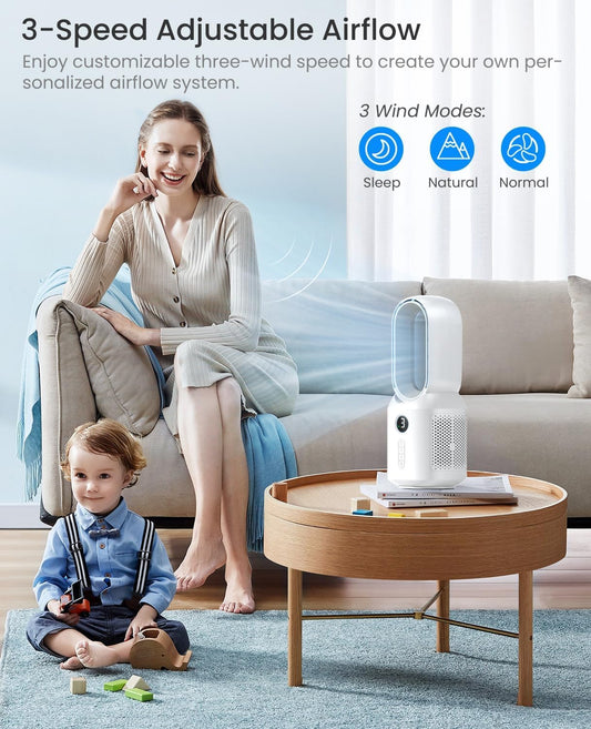 let'me Table Fan, 13 Inch Bladeless Desk Fan, 106° Oscillating Fan with 3 Speeds and Night Light, Quiet Desk Fan for bedroom, Office, Personal - PuriLite