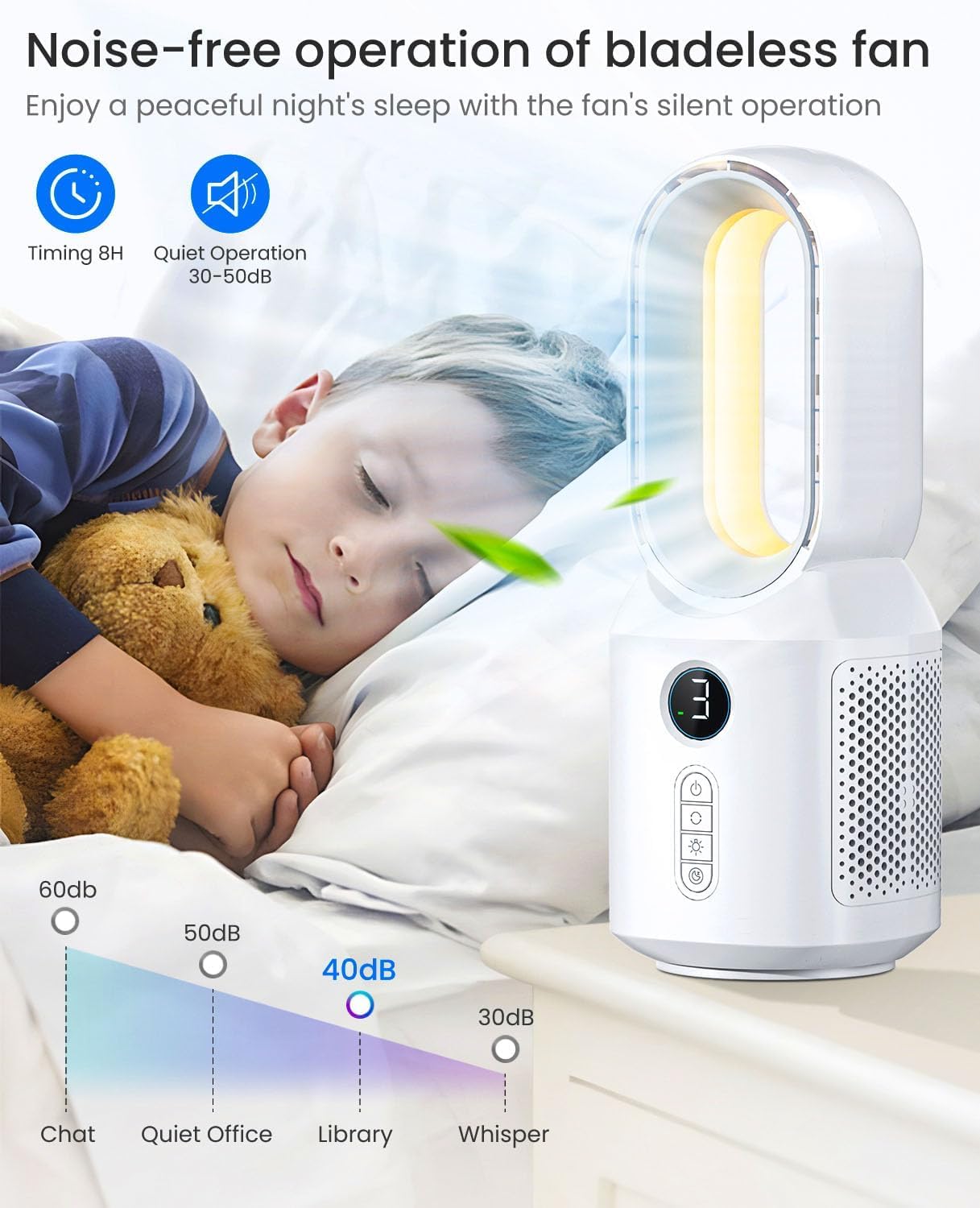 let'me Table Fan, 13 Inch Bladeless Desk Fan, 106° Oscillating Fan with 3 Speeds and Night Light, Quiet Desk Fan for bedroom, Office, Personal
