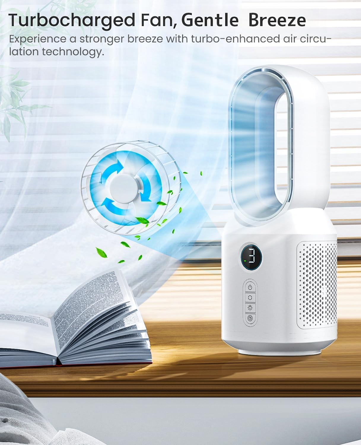 let'me Table Fan, 13 Inch Bladeless Desk Fan, 106° Oscillating Fan with 3 Speeds and Night Light, Quiet Desk Fan for bedroom, Office, Personal