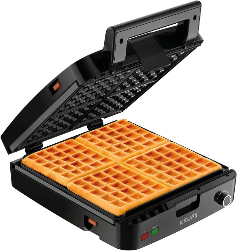 Krups Breakfast Set Stainless Steel Waffle Maker 4 Slices Audible "Ready" Beep, 1200 Watts Square, 5 Browning Levels, Removable Plates, Dishwasher Safe, Belgian Waffle Silver and Black