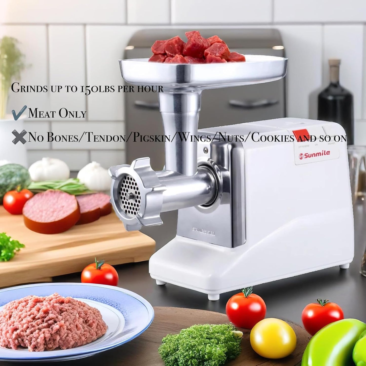 Sunmile SM-G50 ETL Electric Meat Grinder - Max 1.3 HP 1000W Heavy Duty Meat Mincer Sausage Grinder - Metal Gears, Reverse, Circuit Breaker, Stainless Steel Cutting Blade and Plates, 1 Big Sausage Stuffs