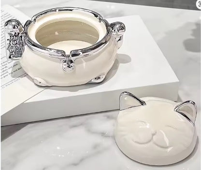 Purilite Select Modern Ceramic Cat Ashtray with Lid – High-End Decorative Covered Ashtray for Living Room & Office Use - PuriLite