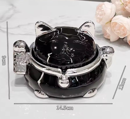 Purilite Select Modern Ceramic Cat Ashtray with Lid – High-End Decorative Covered Ashtray for Living Room & Office Use - PuriLite