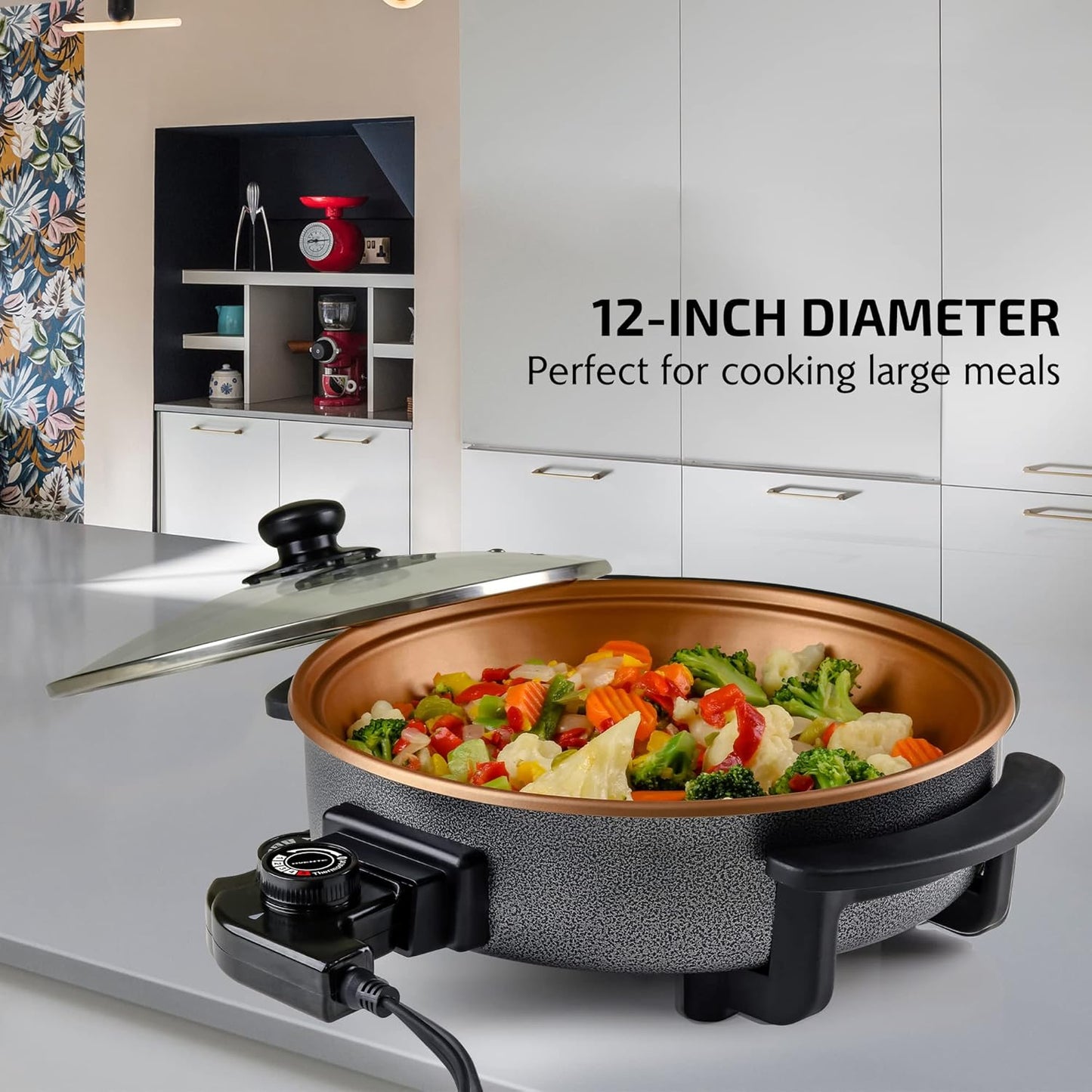 Ovente SK11112CO Electric Skillet with Non-Stick Aluminum Body, 12 Inch, 1400-Watts, Temperature Controller, Tempered Glass Cover, Cool-Touch Handles, Copper Interior