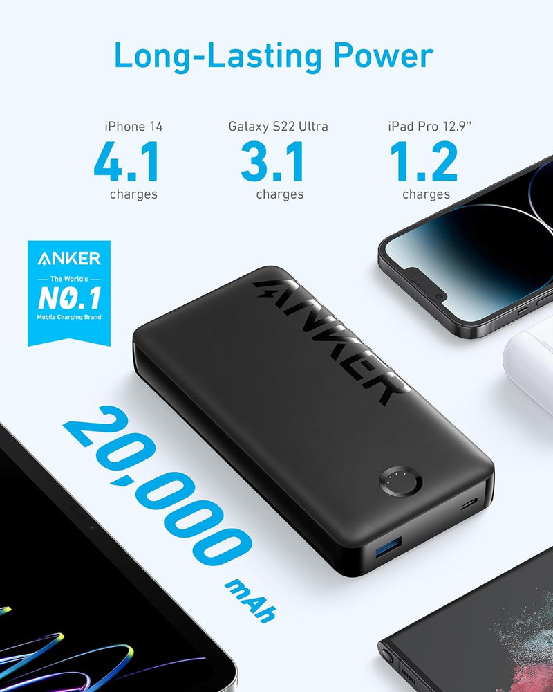 Anker Portable Charger, 20,000 mAh Power Bank, Battery Pack with 2-Port, 15W High-Speed Charging for iPhone 15/15 Plus/15 Pro/15 Pro Max, iPhone 14/13/12 Series, Samsung Galaxy(Black)