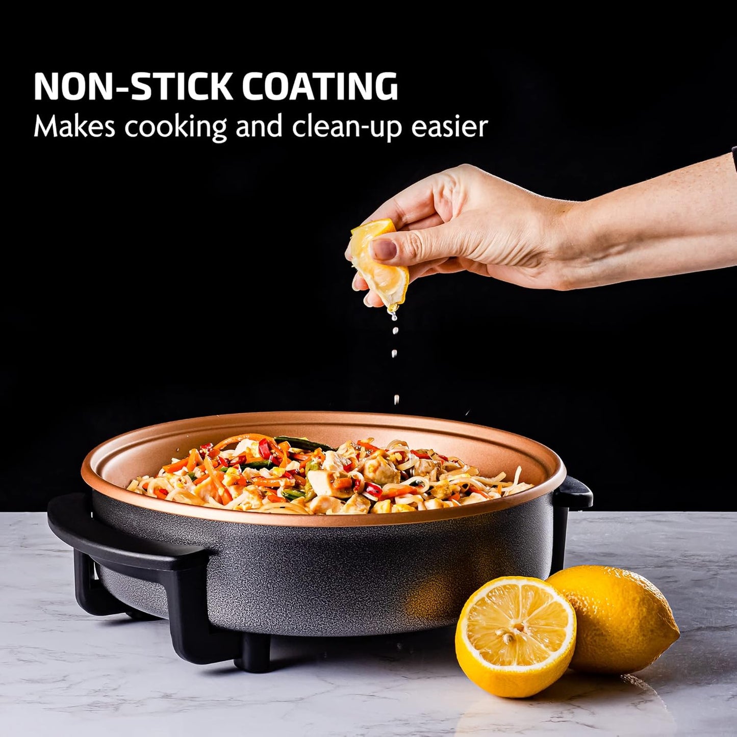 Ovente SK11112CO Electric Skillet with Non-Stick Aluminum Body, 12 Inch, 1400-Watts, Temperature Controller, Tempered Glass Cover, Cool-Touch Handles, Copper Interior
