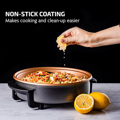 Ovente SK11112CO Electric Skillet with Non-Stick Aluminum Body, 12 Inch, 1400-Watts, Temperature Controller, Tempered Glass Cover, Cool-Touch Handles, Copper Interior