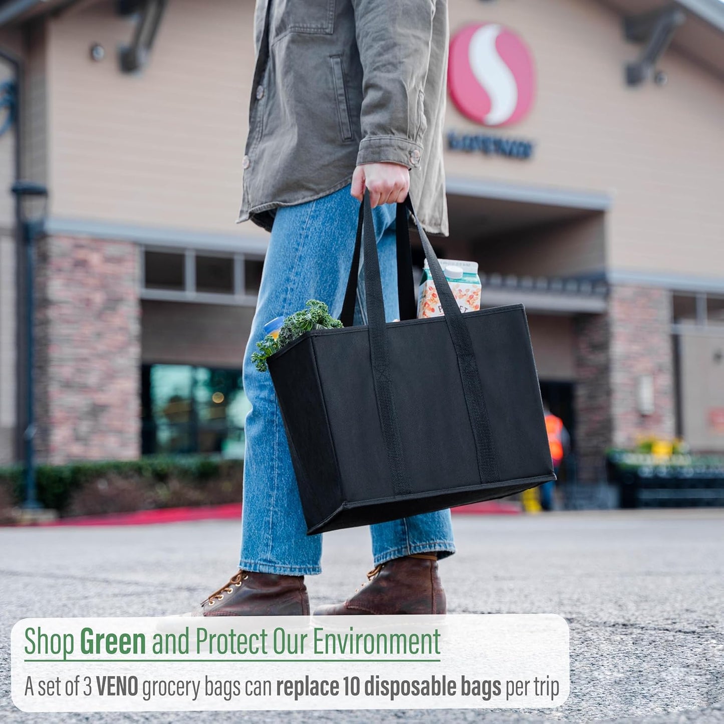 VENO 3-Pack Reusable Grocery Bag, Heavy Duty Shopping Bag, Shopping Cart Organizer, Foldable Grocery Tote Bag with Reinforced Hard Bottom